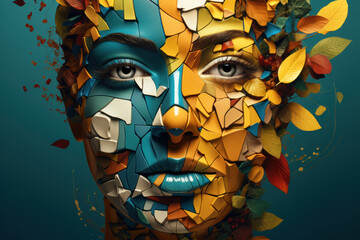 A human face combined with abstract cubist elements of nature