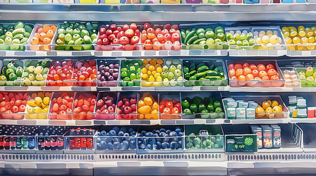 Cooler flat design side view grocery store watercolor. Generative ai.