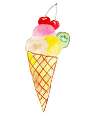 Fresh ice cream with cherry and kiwi. High quality illustration