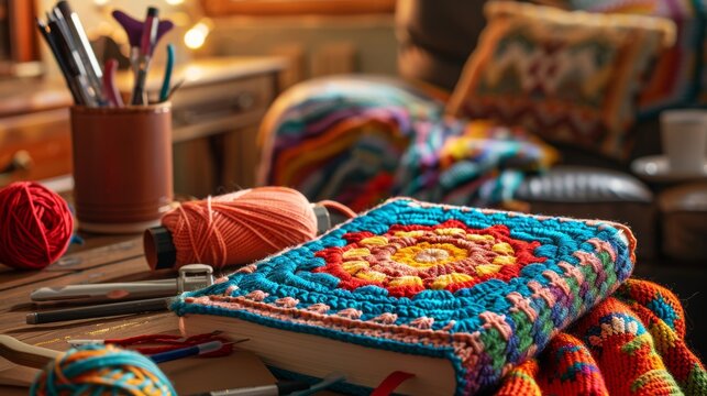 Cozy living room with vibrant crochet blanket, yarn, and craft supplies. scene includes crochet project in progress and warm ambiance, perfect for crafting inspiration.