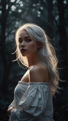 Naklejka premium A woman with long blonde hair and a white top with a long hair.