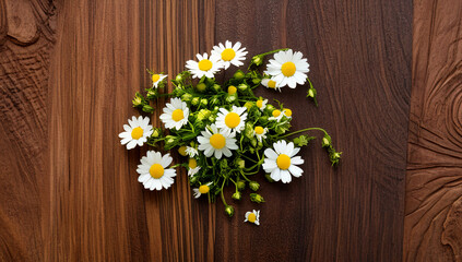 Fototapeta premium Chamomile flowers background Wood Texture