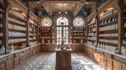 Vintage Pharmacy Interior with Apothecary Jars and Traditional Decor