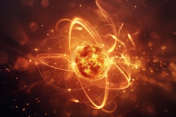 A fiery and dynamic abstract image depicting an atomic-like structure surrounded by swirling fiery patterns.