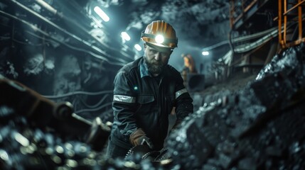 A miner in a coal mine, wearing safety gear, works diligently in dim light amid equipment and coal piles, highlighting the challenging, focused nature of the job.