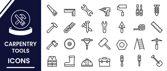 Carpenter tools icons, vector set. Construction and carpenter vector, line icons set. Set of line tools for carpentry and Woodworking. Outline icon set of carpenter tools. Vector illustration.
