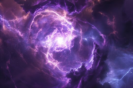 A mysterious purple cosmic storm with swirling energy and lightning bolts, depicting a dramatic event in space.
