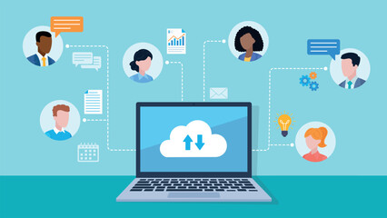 Laptop with a cloud connection icon on the screen. Around the laptop are employee avatars. Next to them are icons of light bulbs, gears, conversation, document, calendar. Flat design vector.