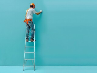 construction worker climbing a ladder in front of blank blue wall