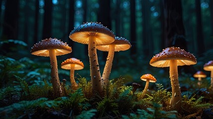 Fototapeta premium Delicate Iridescent Mushrooms Illuminated at Dusk in Enchanted Forest