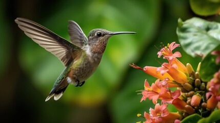 Fototapeta premium hummingbird hovering next to a cluster of vibrant rainforest flowers