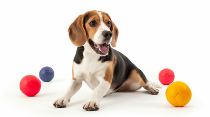 An energetic beagle sits among colorful toy balls, ready for playtime and fun.