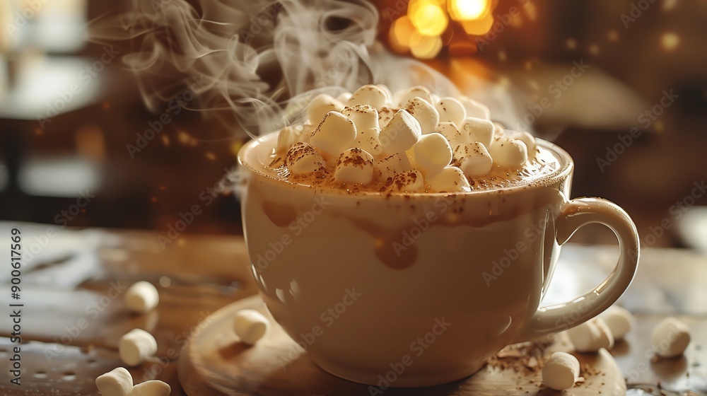 Poster steaming hot chocolate topped with marshmallows in a cozy setting. perfect for winter evenings and w