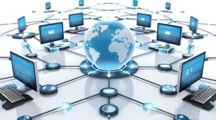 social network concept many laptops coneccted with each ather and betwin the wiring conected too the planet 