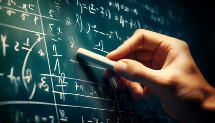 Extreme close-up of a hand holding chalk and writing a complex and sophisticated mathematical formula or equation on a blackboard. Generative Ai.