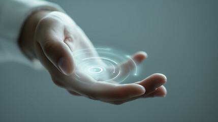 A futuristic hologram floats above a hand, emitting glowing concentric circles, symbolizing advanced technology and innovation.