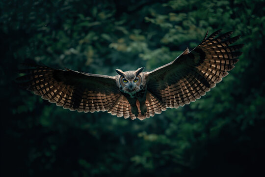 animal by ai // owl in majestic pose with outstreched wings in a dark green forest, soaring through the night, photorealistic // ai-generated