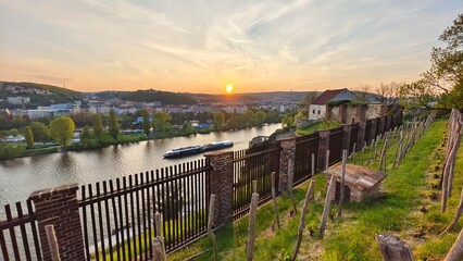 Sunrise over the river in Prague