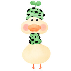 a cartoon duck wearing a green hat and green scarf, Duck in a military hat 