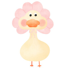 Yellow duck cartoon wearing a pink hair tie