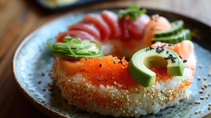 A creative sushi donut made with sushi rice, topped with fresh fish, avocado, and colorful garnishes