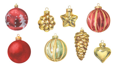 Watercolor set of Christmas tree toys and balls