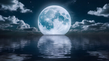 Night sky with blue moon in the clouds over the calm blue sea. Silhouette of the grass against full moon. the shadow of the full moon on surface of water.