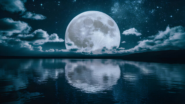 Night sky with blue moon in the clouds over the calm blue sea. Silhouette of the grass against full moon. the shadow of the full moon on surface of water.