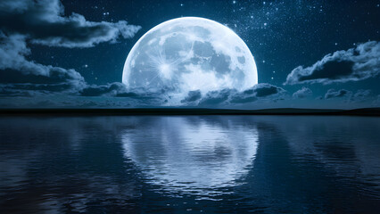 Night sky with blue moon in the clouds over the calm blue sea. Silhouette of the grass against full moon. the shadow of the full moon on surface of water.
