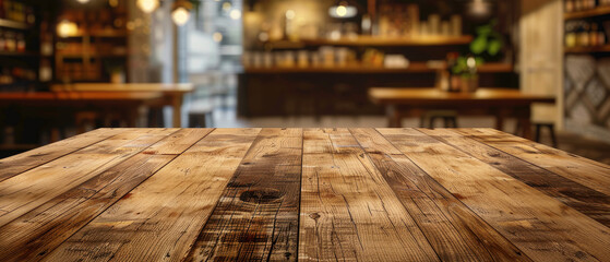 Rustic Wooden Table in Cozy Restaurant Setting With Soft Ambient Lighting and Inviting Atmosphere