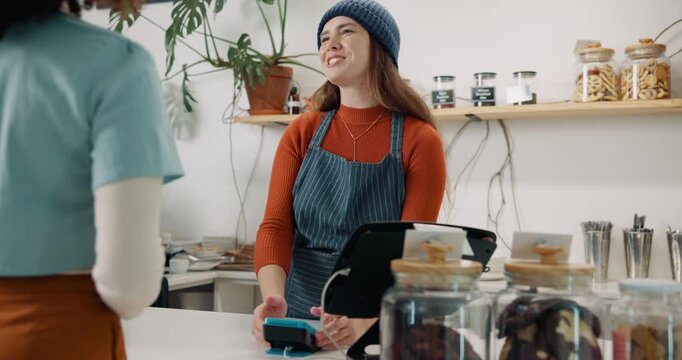 Woman customer, cashier and payment in cafe for coffee purchase, transaction or scanning mobile. Service, barista and person at restaurant for bill, pos machine or point of sale with smartphone