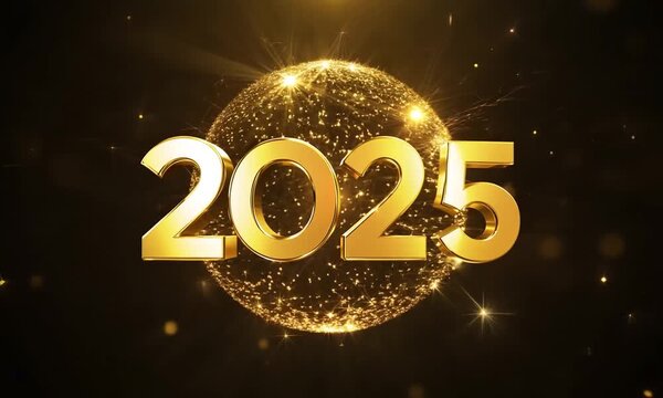 Golden 2025 New Year Celebration: A shimmering gold disco ball, adorned with sparkling particles, radiates the celebratory spirit of the New Year 2025 against a deep black background. Its vibrant glea