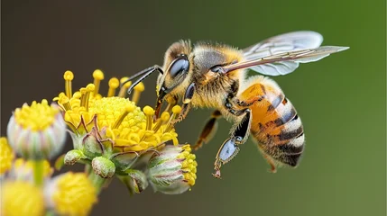 Gordijnen honey bee on yellow flower gathering pollen in the garden © uswatun