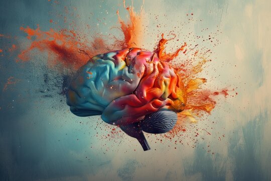 Illustration of a human brain bursting with vibrant paint, symbolizing creative thinking and innovation