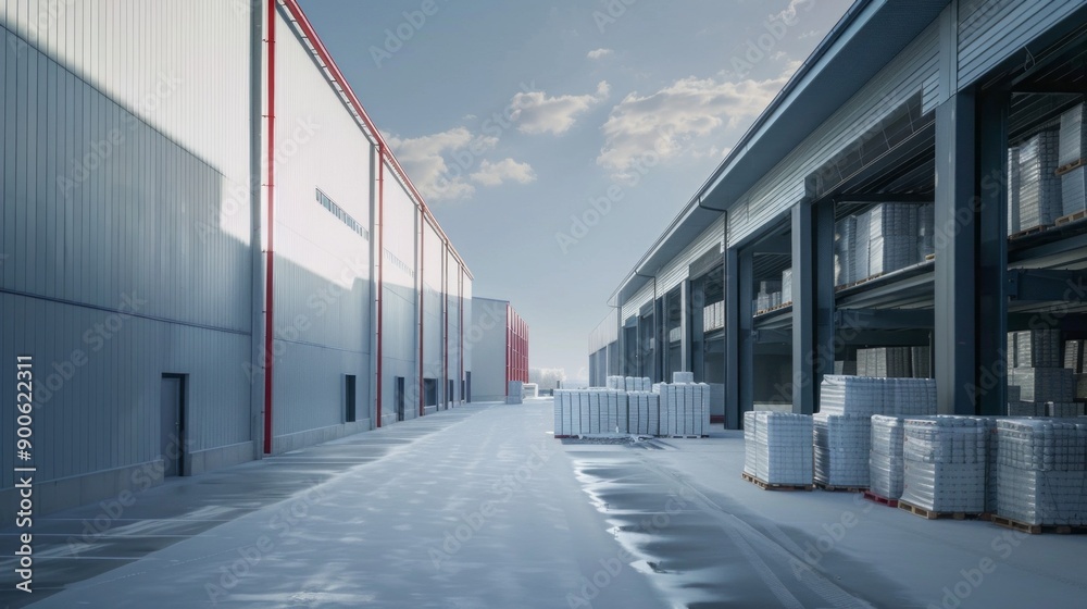 Poster a large warehouse with a long, empty road in front of it