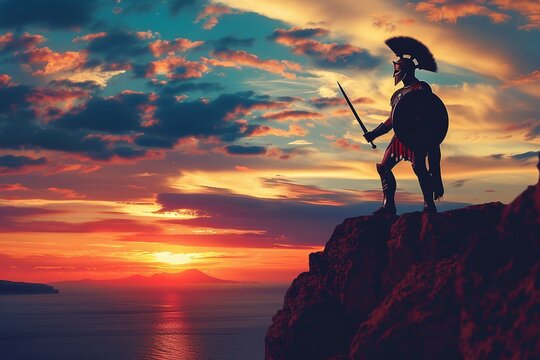ai generative silhouette of roman spartan knight on hill