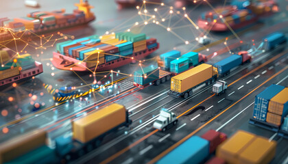 Detailed Global Supply Chain Management Visualization, integrated global transportation network, real-time updates on transportation efficiency