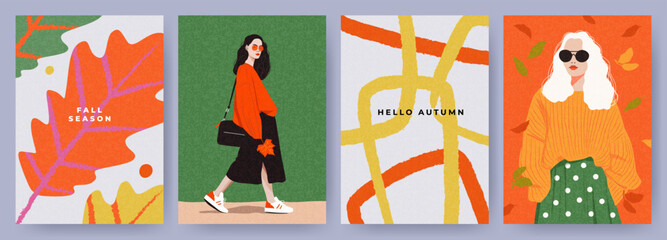 Modern design set of Fall poster, cover, card with beautiful girl fashionista in oversized sweater and midi skirt, trendy pattern with leaves and abstract shapes. Template for advertising, web, print