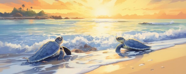 Two baby turtles are walking on the beach