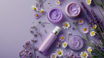 A soothing flat lay design featuring calming skin care products with lavender oil, chamomile lotion, and sleep mask, placed on a lavender-colored background with dried flowers