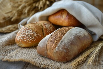 Variety of freshly baked bread loaves on burlap cloth with wheat sheaves in the background