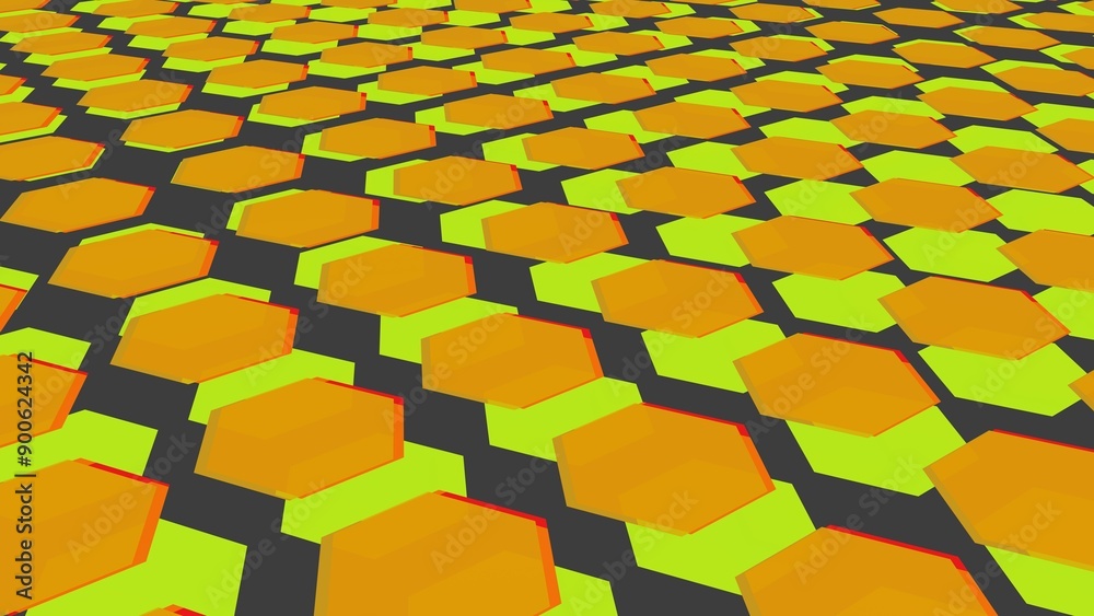 Poster yellow and orange hexagonal shapes creating a honeycomb pattern.