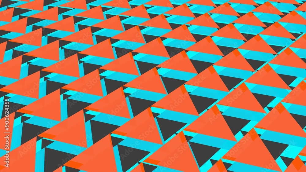 Poster red and turquoise triangular shapes forming a 3d pattern.