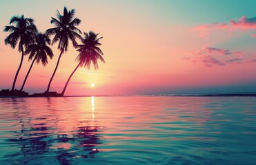 Obraz premium Palm Trees at Sunset by Pool