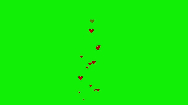cartoon red heart floating up animation on green screen, heart floating up movement, likes floating, 2d animation, green background