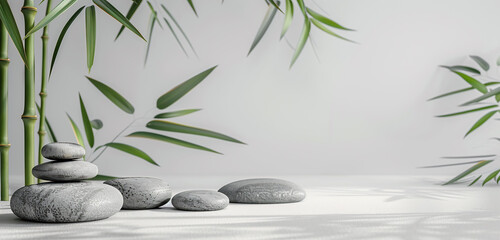 Bamboo and stones. Zen, concept. Minimalist background. With space for text on a white, solid background