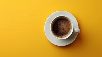 Top View of a Cup of Coffee on a Yellow Background