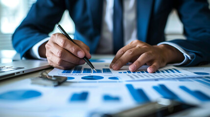 Businessman analyzing market conditions with investment charts data insights