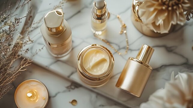 A chic flat lay of high-end skin care products with sleek packaging, luxury serums, and anti-aging creams, placed on a marble surface with gold jewelry accents
