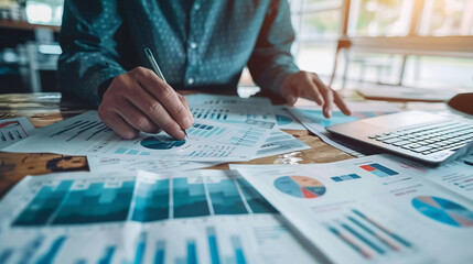 Businessman discussing budget allocation with data charts fiscal policy